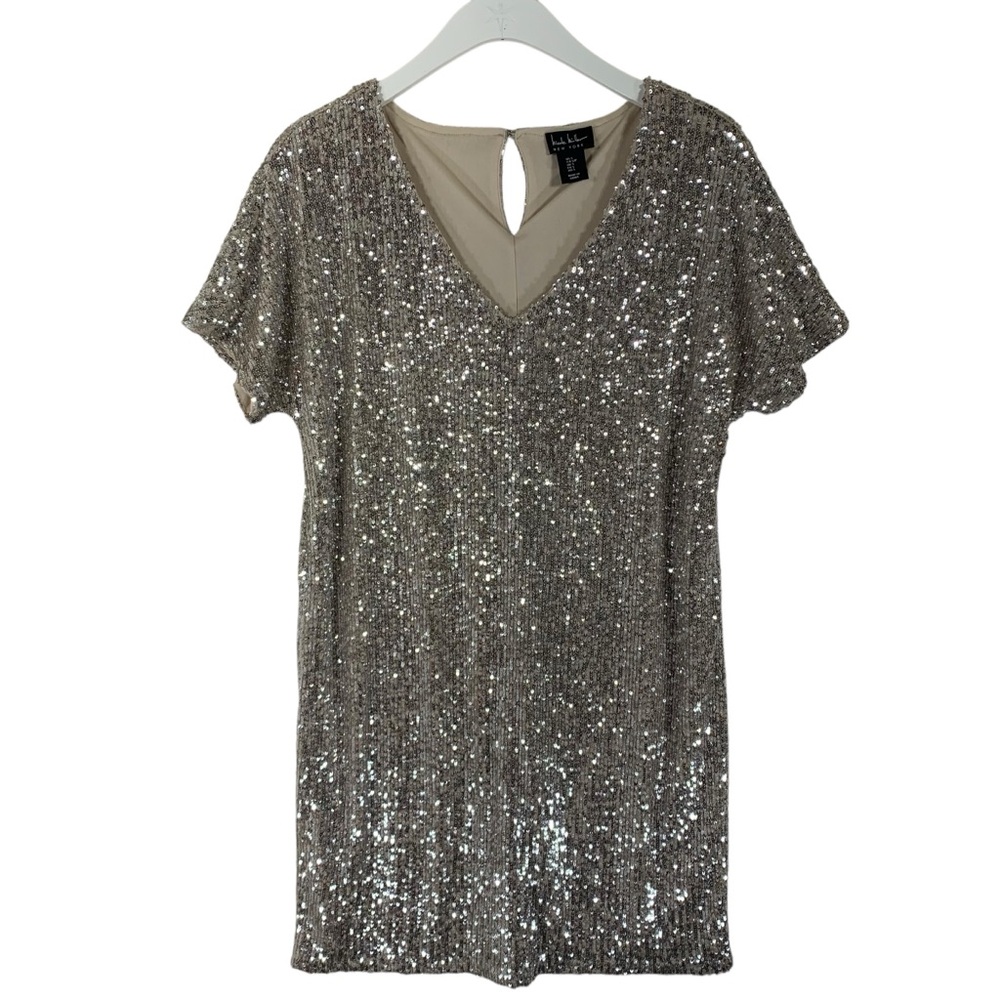 gold Champagne Sequin Short Sleeve vneck Dress size small Nicole Miller